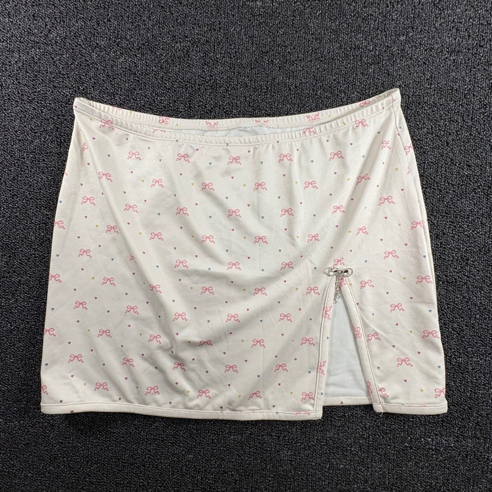 Lana Del Rey Bow Heart Print Mini Skirt Womens L Side Slit Rhinestone Charm